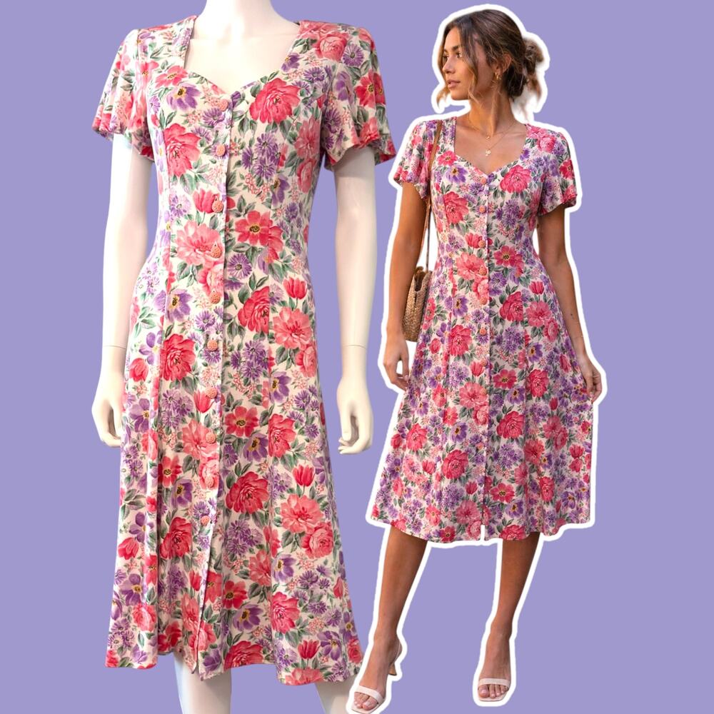 Knit Floral Midi Dress Size Medium Button Front Lace-Up Back Vintage Romantic